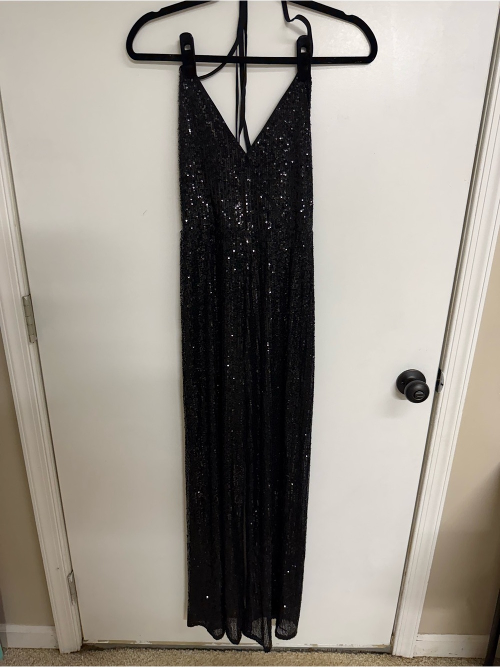 BCBG Black Sequin Halter Wide-Leg Jumpsuit